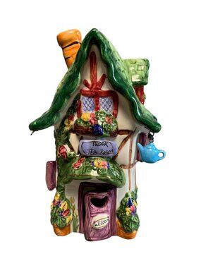 Cobblestone Village Tudor Tea Room Candle Holder Ceramic House Green Roof